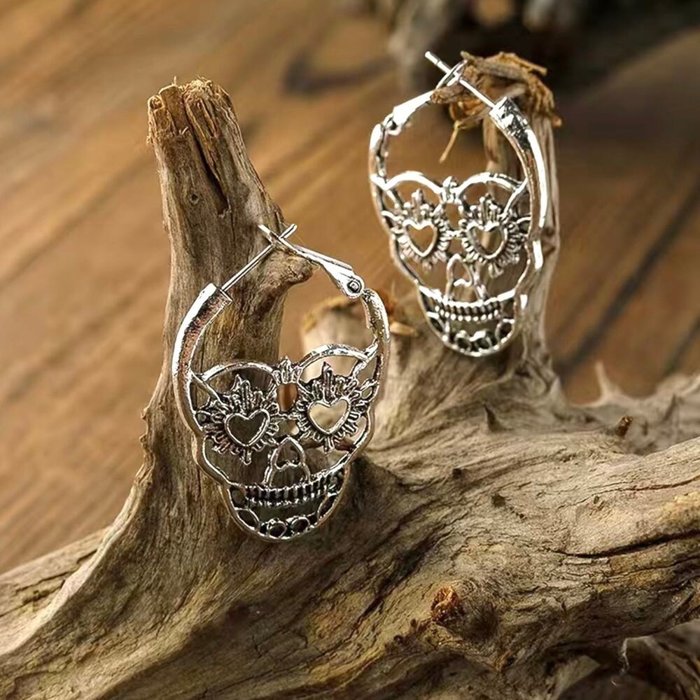 Bold Sugar Skull Hoop Earrings Silver Tone Goth Whimsy Statement Hoops